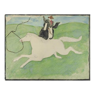 1940s Outsider Folk Art Cowboy Roping Horse Painting For Sale