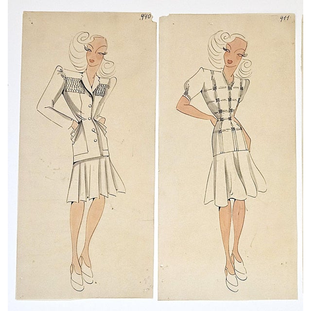 This is a set of 4 French original fashion drawings that date to the 1940s. Purchased in Paris from a collector of vintage...