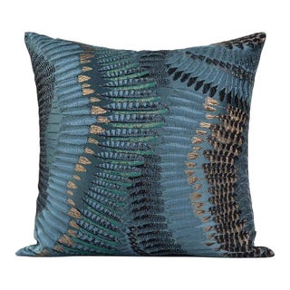 Blue-Based Feather Embroidery | 19-Inch Square Throw Pillow For Sale