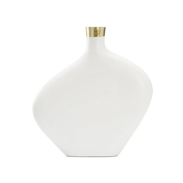 Unique and sophisticated, asymmetric vase with a chalky white finish and gold banded accent.