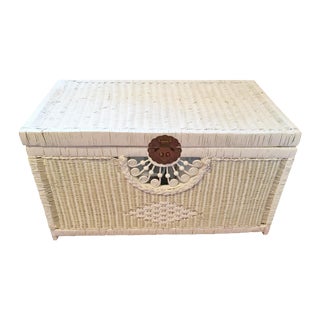 Vintage White Wicker Trunk With Brass Hardware For Sale