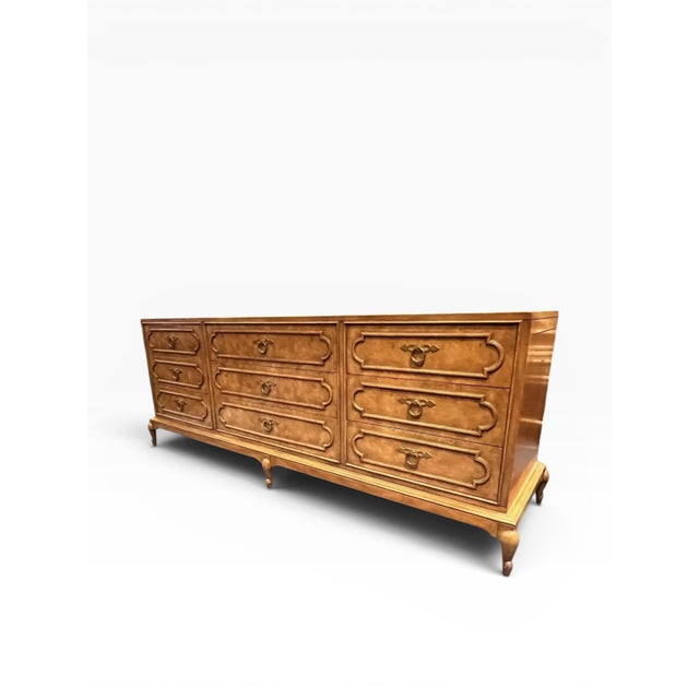Mastercraft 1970s Mastercraft Burlwood 9-Drawer Dresser W/ Brass Ring Pulls For Sale - Image 4 of 14