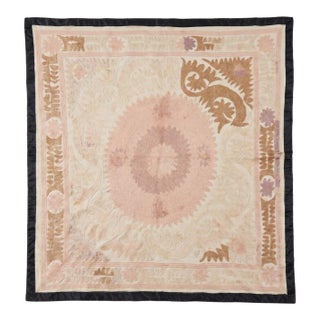 Suzani Embroidery Wall Decor - Neutral Tan Uzbek Tablecloth 4'4'' X 4'9'' For Sale