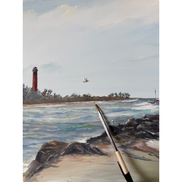 Vintage Cosman Coastal Lighthouse Impressionist Oil Painting on Masonite Board – Framed For Sale - Image 16 of 18