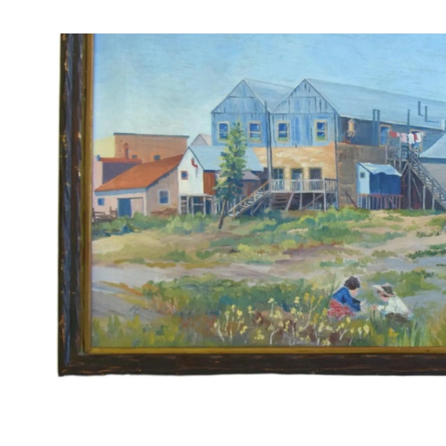 Listed Artist Joseph Zeller Buildings & Meadow With Children Landscape Oil Painting W/ Frame For Sale - Image 4 of 13