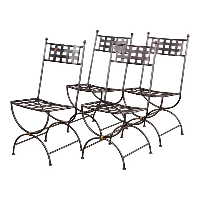 Set of Four French Iron Curule Side Chairs With Woven Strap Seats For Sale