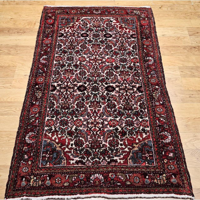 Vintage Persian Malayer Area Rug, Hand-Knotted Wool, Geometric Pattern, 3x5, Ivory & Red For Sale - Image 4 of 13