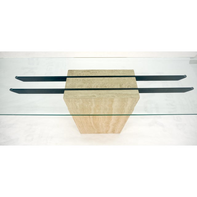 Italian c1970s Mid Century Modern Glass Top Single Travertine Base Console Table For Sale - Image 6 of 14