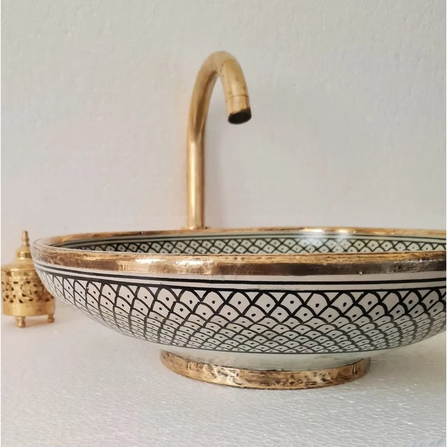 Contemporary Linda Hand Painted Round Pottery Sink Bowl With Brass Accents For Sale - Image 4 of 6