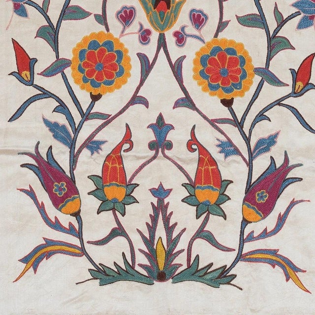Contemporary 21"x41" 100% Silk Wall Hanging with Floral Design, Embroidered Uzbek Tapestry For Sale - Image 3 of 5