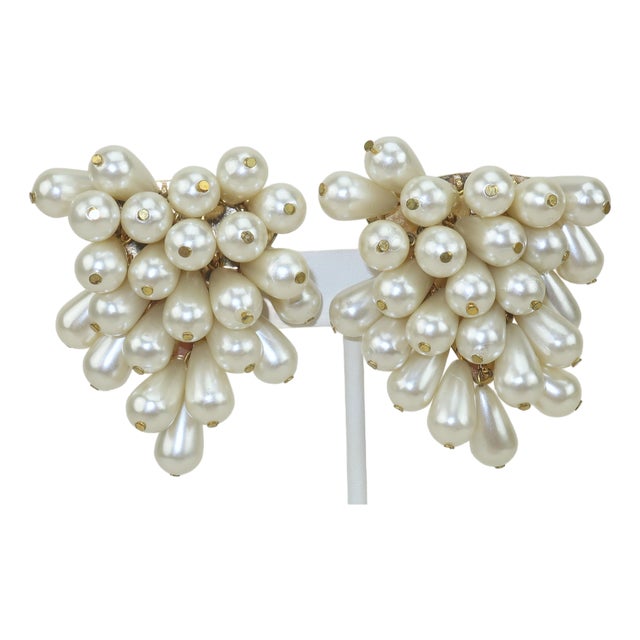 Faux Pearl Grape Cluster Earrings, 1980's For Sale