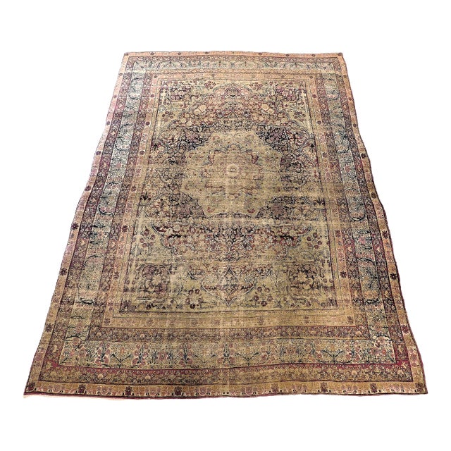 Distressed Antique Hand Knotted Persian Rug in Earth Tones - 9'x 12'10" For Sale