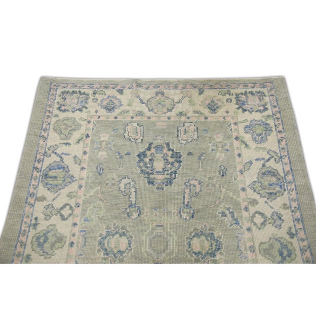 Turkish Oushak Rug Green & Blue Handwoven Wool Rug 4' X 5'5" For Sale - Image 4 of 8