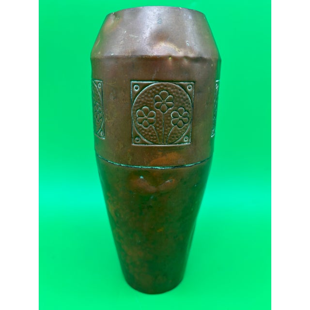 Art Nouveau Antique German Jugendstil Hammered Copper Vase Floral Panels 8.25” Germany For Sale - Image 3 of 12