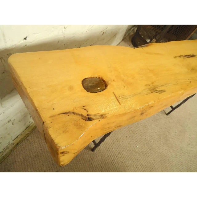 Industrial Live Edge Bench on Decorative Iron Frame For Sale - Image 3 of 6