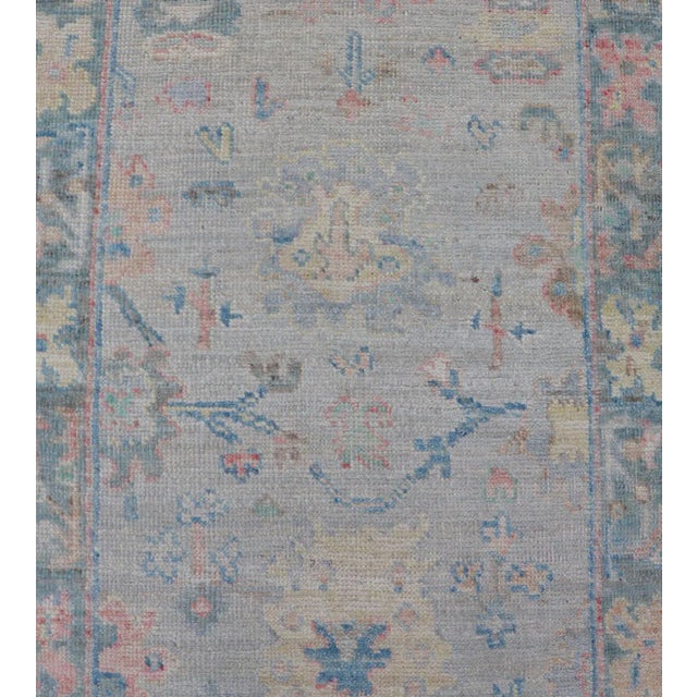 Early 21st Century Hand Knotted Modern Oushak Runner on Light Gray Field and Colorful Motifs For Sale - Image 5 of 11