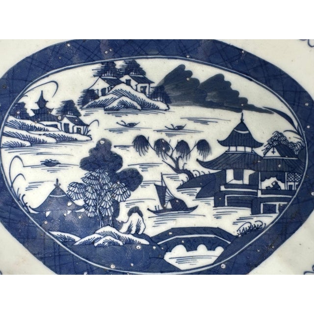 19th Century Chinese Export Canton Blue and White Open Vegetable Dish for your consideration. The platter measures approx....