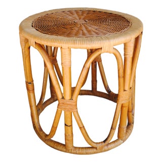 Mid Century Round Drum Bamboo Wicker Top Accent Table For Sale