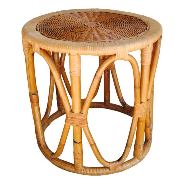 Mid Century Round Drum Bamboo Wicker Top Accent Table For Sale