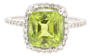 Peridot Diamond White Gold Engagement Ring, Size 7.25