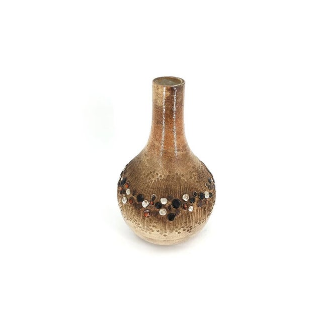 Gorgeous brutalist glazed ceramic vase by Elizabeth Vandeweghe for Perignem with inlaid enamelled pieces. Timeless and...