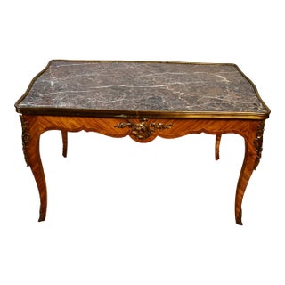 1930s French Louis XV Walnut Inlaid & Marble Top Coffee Table For Sale