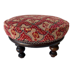 Antique Upholstered Footstool With Turned Wood Legs