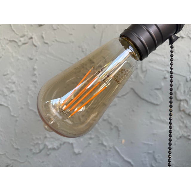 Farmhouse Mercantile Design Industrial Pipe Table Lamp With Dual Edison Sockets on Solid Wood Base For Sale - Image 3 of 11