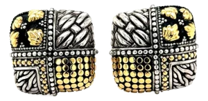 Late 20th Century John Hardy Estate Square Ornate Clip-On Earrings 18k Y Gold + Sterling Silver, A Pair