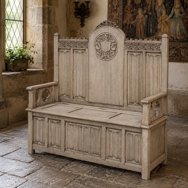 19th Century French Gothic Revival Hall Bench in Stripped Oak brings the romance of medieval architecture into a richly...