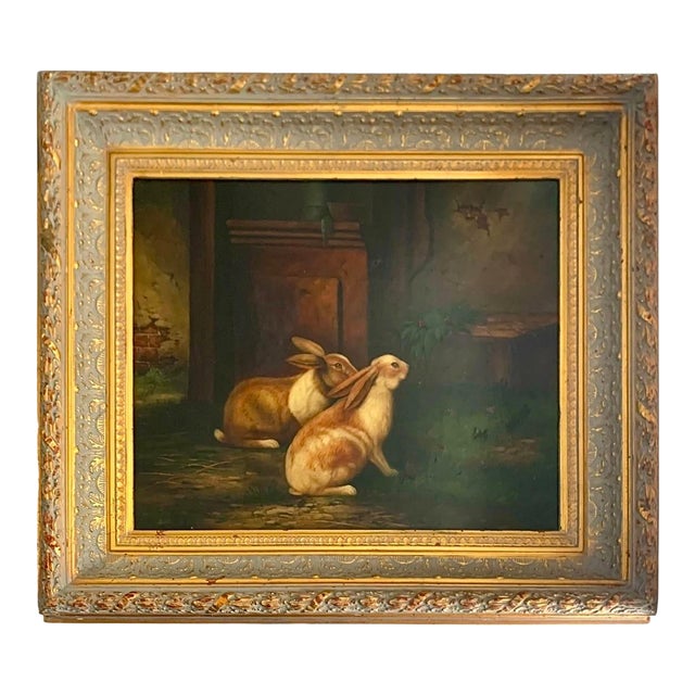 Late 20th Century Rabbit Painting Bunny Oil on Canvas Signed Franscois Dupre Old Vintage Decor For Sale