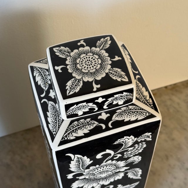 Vintage Large Porcelain Rectangular Ginger Jars in Black and White Florals, a Pair For Sale - Image 4 of 8
