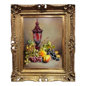 Franz Leitgeb -Still Life W/ Grapes,Peaches & Ruby Glass Jar- Oil Painting