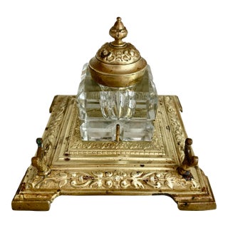 French Brass & Crystal Inkwell W/Tray For Sale