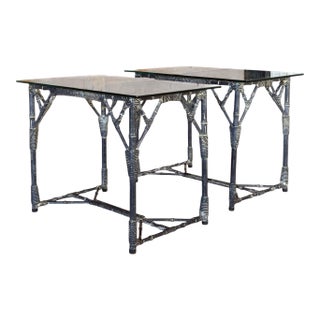 Pair Vintage Coastal Faux Bamboo Aluminum Side Tables With Glass Tops For Sale