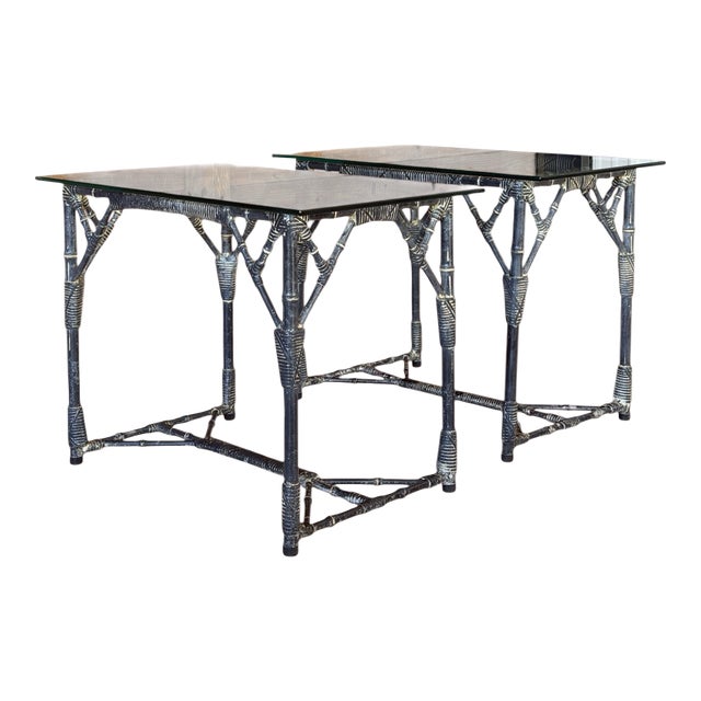 Pair Vintage Coastal Faux Bamboo Aluminum Side Tables With Glass Tops For Sale