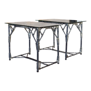 Pair Vintage Coastal Faux Bamboo Aluminum Side Tables With Glass Tops