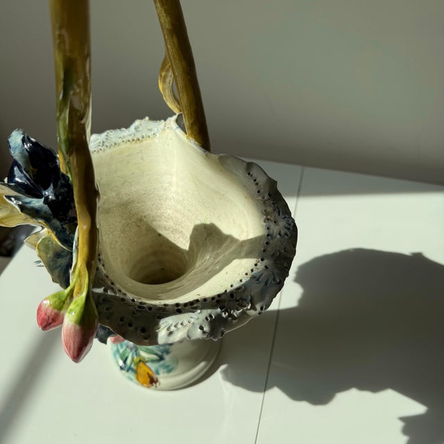 Ceramic Mid 20th Century Italian Majolica Hand Painted Floral and Tulip Basket Vase For Sale - Image 7 of 12