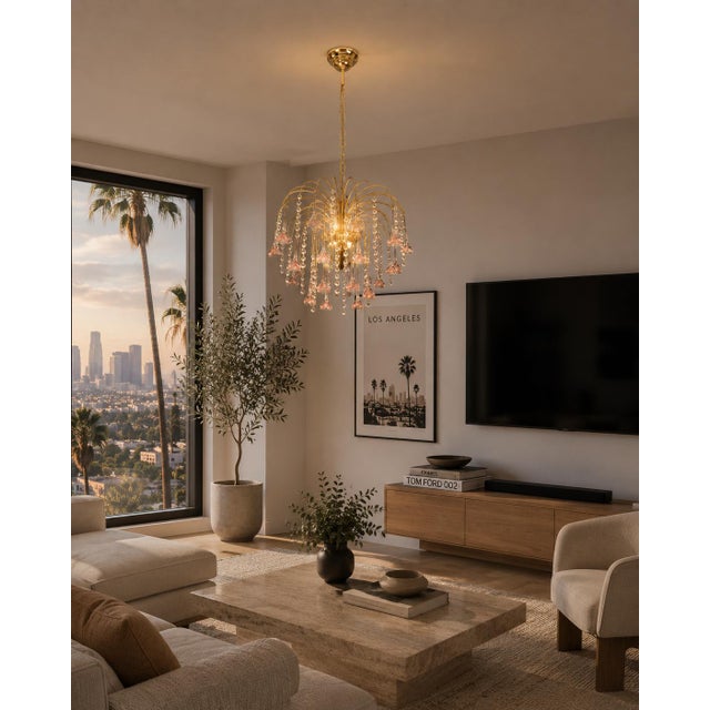 1980s Meryl Streep, Pink Murano Flowers and Crystal Drops Chandelier For Sale - Image 11 of 16