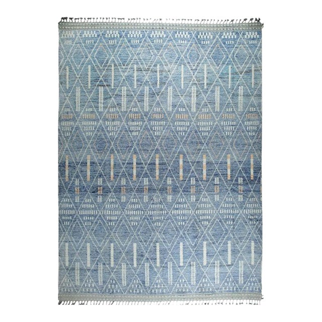 New Modern Contemporary Light Blue Hand-Knotted Wool Pile Geometric Tribal Moroccan Berber Diamond Design Room Size 9x12 Rug Carpet For Sale
