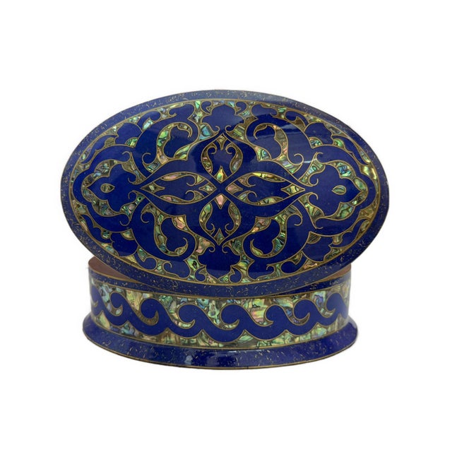 Wood Handmade Lapis & Mother of Pearl Jewelry Box - Oval Trinket Box From Egypt For Sale - Image 7 of 7