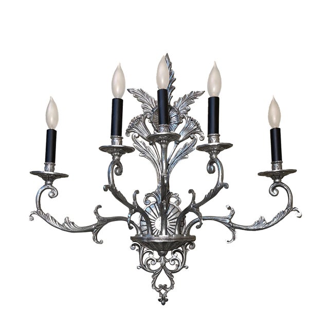 Metal Vintage Large Five-Branch Nickel-Brass Ornate Wall Sconces - a Pair For Sale - Image 7 of 13