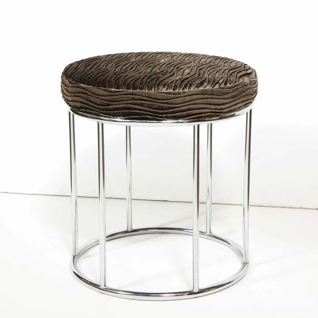 Modern Midcentury Chrome and Smoked Bronze Gauffraged Velvet Stool by Arthur Umanoff For Sale - Image 3 of 10