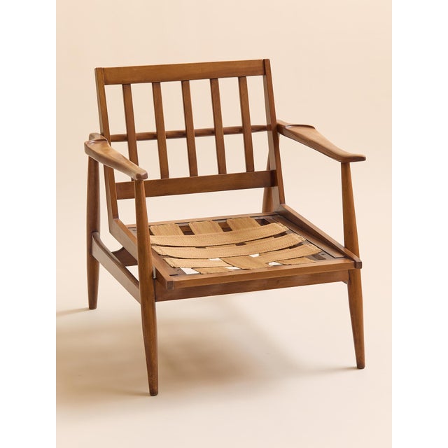 Wood The Vintage MCM Teak Exposed Frame Arm Chair With Brass Caps, Newly Upholstered For Sale - Image 7 of 13