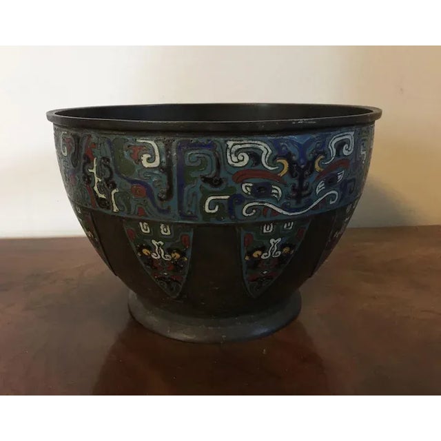 Large Antique 19th Century Chinese Archaic Bronze Champleve Enamel Cloisonne Centerpiece Bowl For Sale In New York - Image 6 of 11
