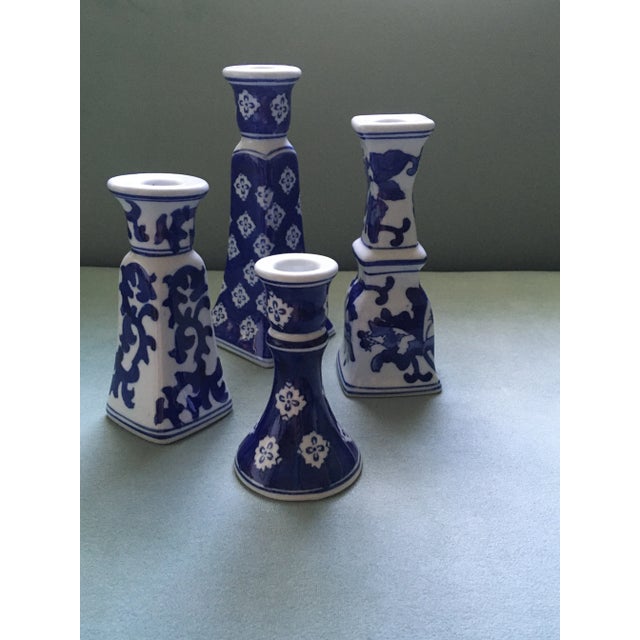 Vintage Blue & White Patterned Candlesticks- Set of 4 For Sale In Jacksonville, FL - Image 6 of 11