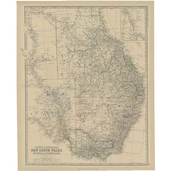 Antique map titled 'South Australia, New South Wales, Victoria & Queensland'. Old map of Southern Australia, with an inset...
