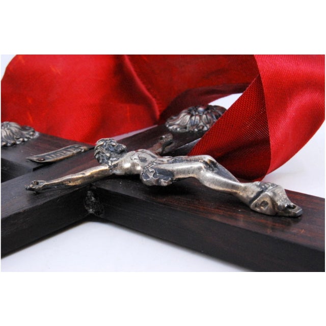 Wooden Cross with Silver Applications and Jesus Crucified with Red Fabric For Sale - Image 4 of 9