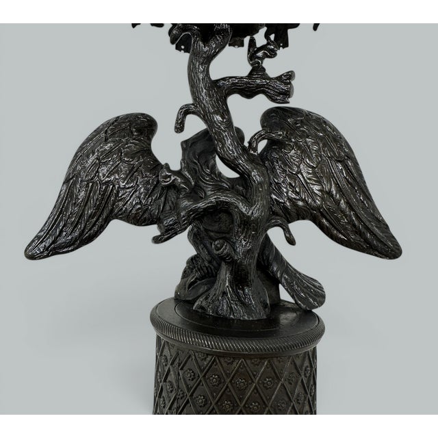 Bronze Antique Pair Regency Bronze Crystal Lustres Candlesticks Candelabra Eagles Prisms For Sale - Image 8 of 15