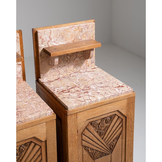 1910s 1910s Pair Of Art Noveau Side Tables With Marble Tops And Carved Panels For Sale - Image 5 of 17